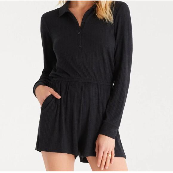 NWT Z Supply Lycra Henley Romper Medium Black Long Sleeve Ribbed Casual Lounge - Picture 1 of 12